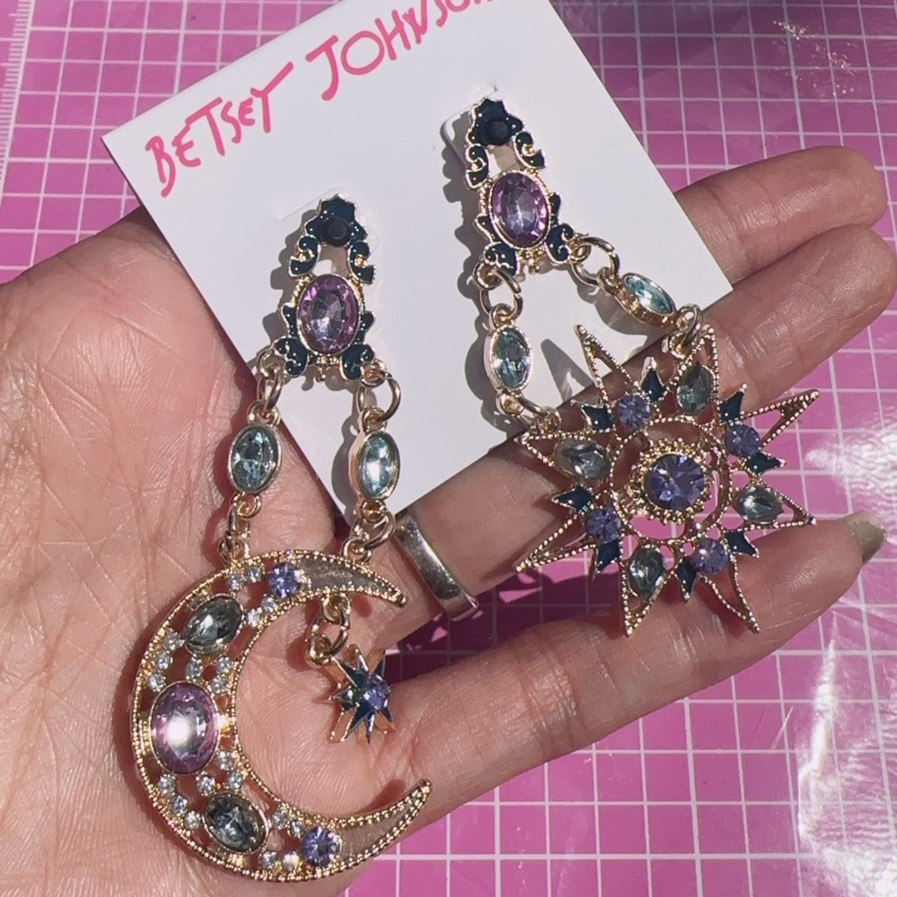 Betsey Johnson sun and moon purple white stones earrings drops gold tone - Picture 3 of 4